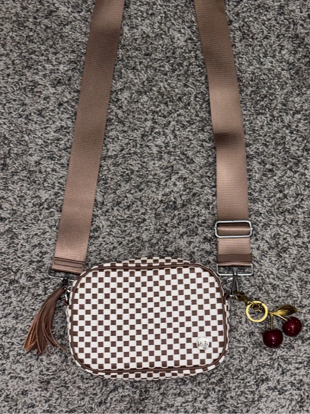 Women’s Checker Crossbody Bag in Brown and White with Adjustable Strap